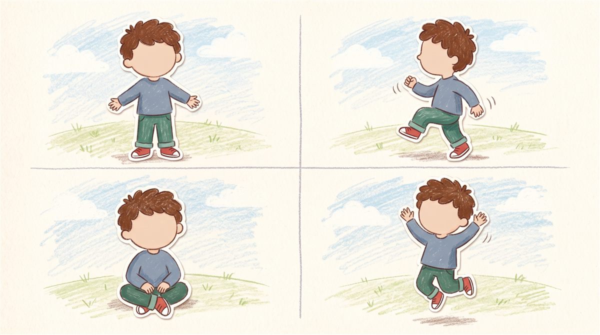 Four illustrations of Bayan standing, walking, sitting and jumping with excitement